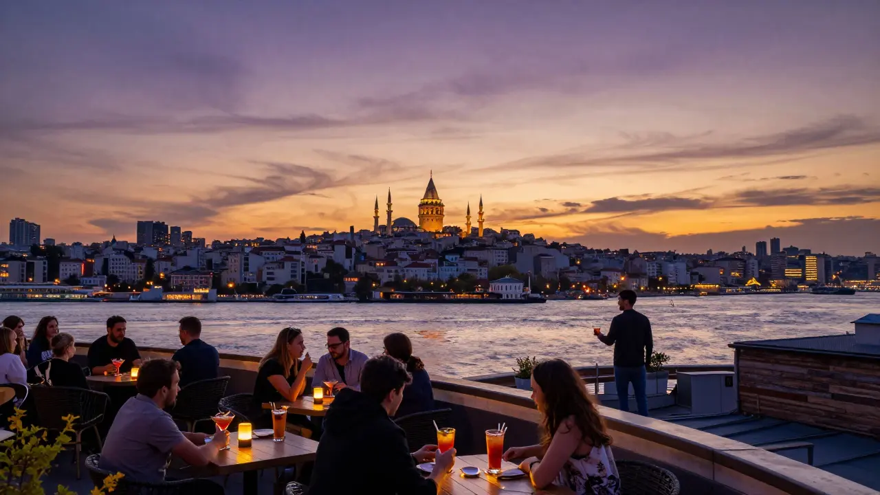 Rooftop bar at sunset with Istanbul skyline glowing behind patrons enjoying cocktails over the Bosphorus.