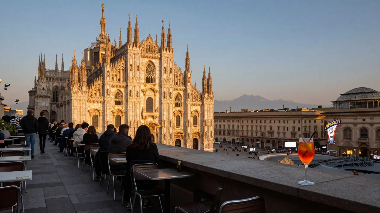 Rooftop terrace at dawn with the Duomo glowing, locals waiting silently for a table, no signs, just the quiet beauty of Milan’s skyline.