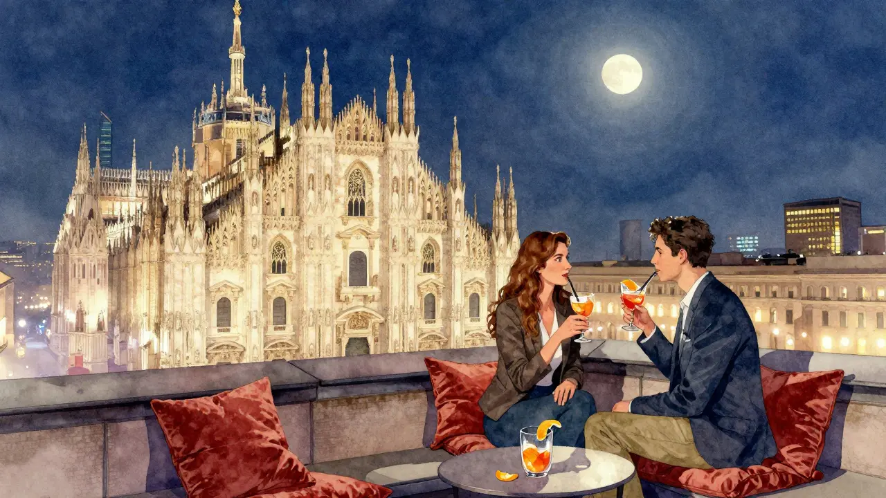 Rooftop view of Milan at midnight with city lights and couple sipping cocktails under the moon.