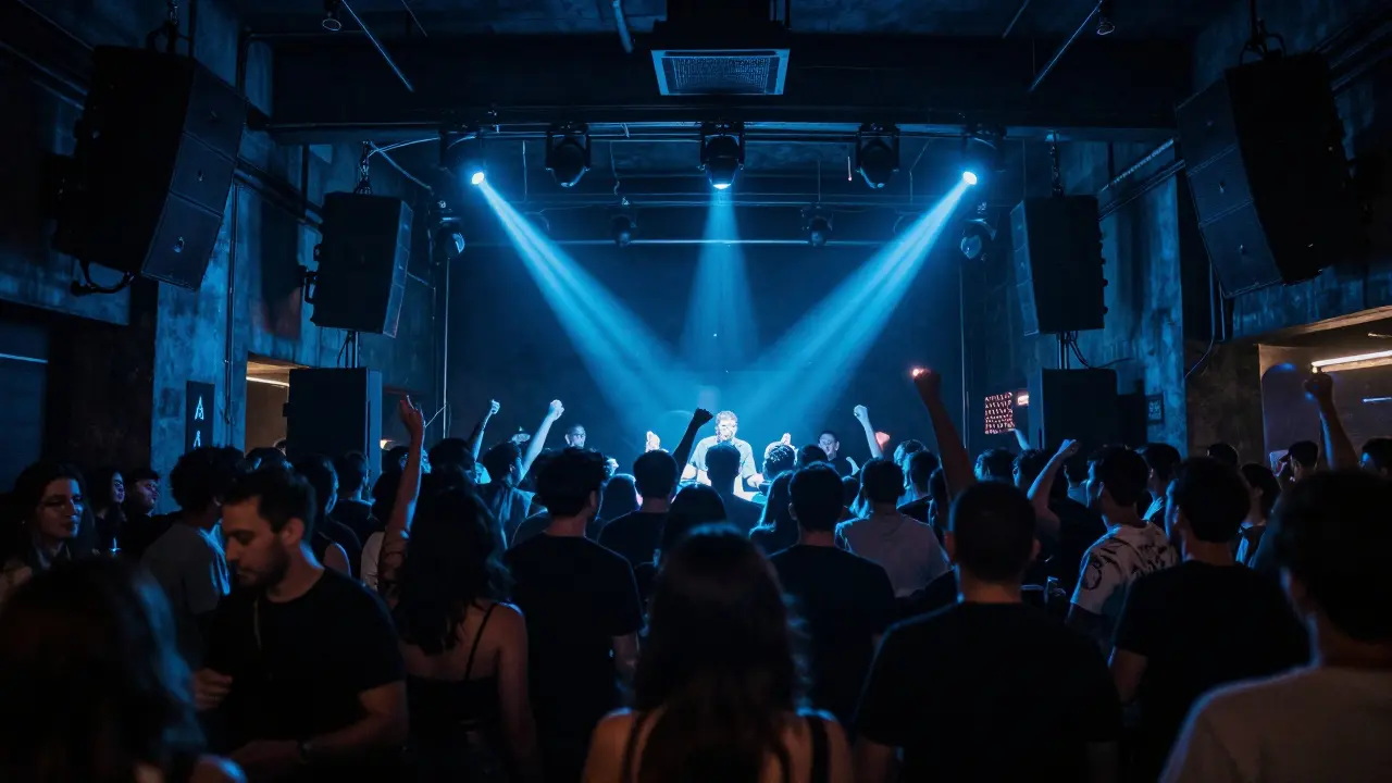 Techno dancers in Fabric nightclub under strobe lights