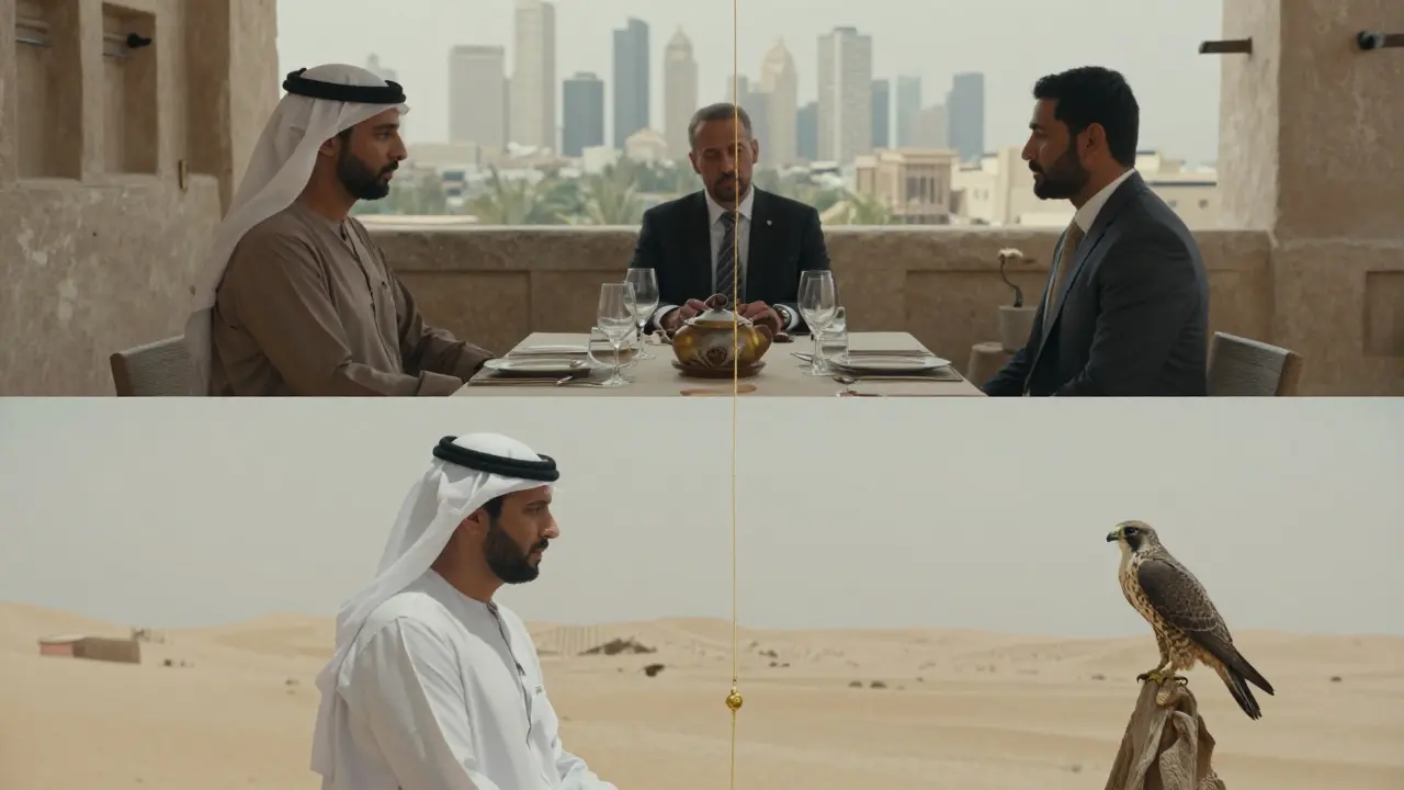 Three elegant scenes of Dubai’s luxury experiences: tea, dining, and falconry, connected by a golden thread.