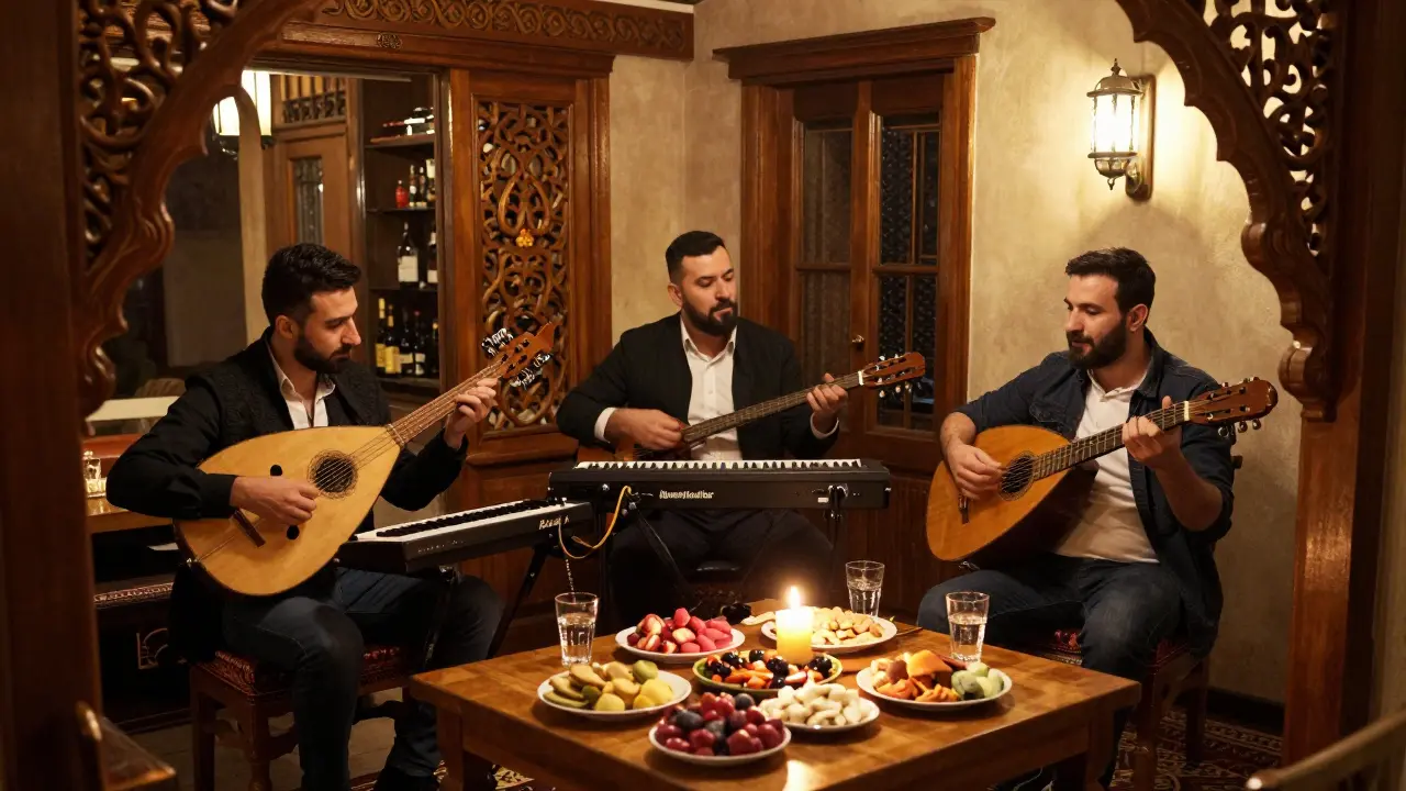 Traditional meyhane with folk musicians playing oud and kemençe alongside electronic instruments