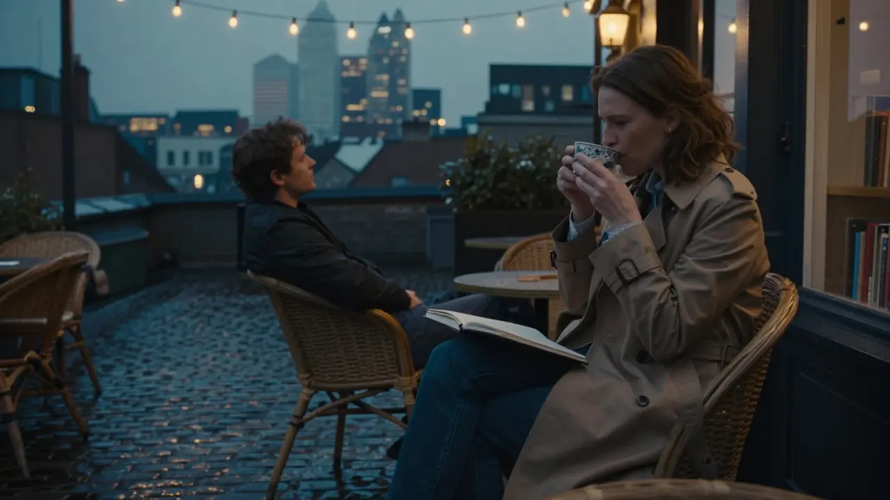 Two people on a hidden rooftop terrace in Chelsea, enjoying tea as the city lights begin to glow.