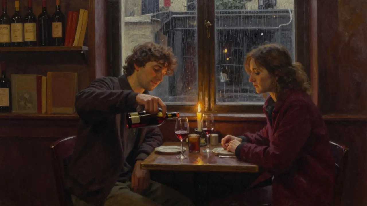 Two people share quiet time in a cozy Montmartre wine bar, candlelight illuminating their calm expressions.