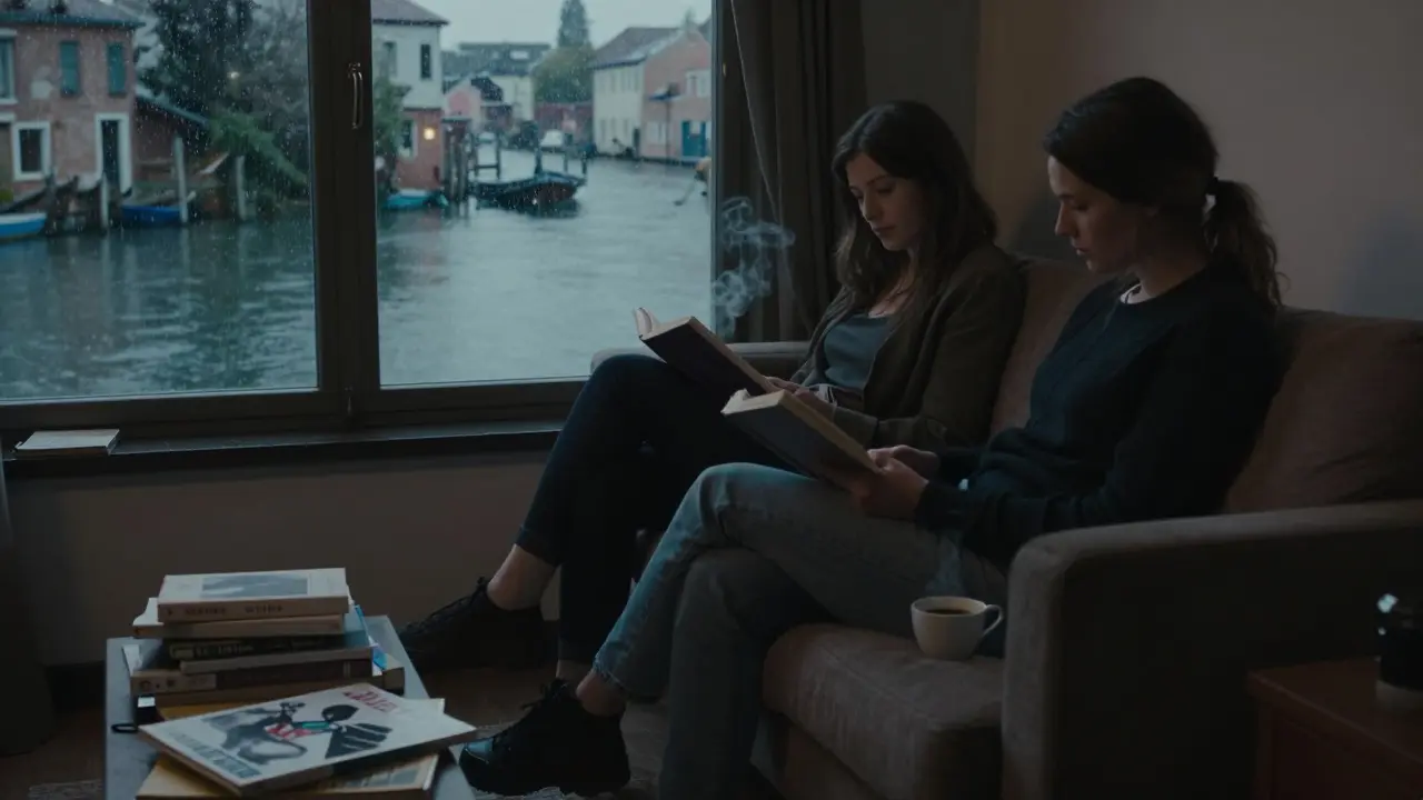 Two people sit together in a Navigli apartment at dusk, one reading aloud as the other listens, rain streaking the window.
