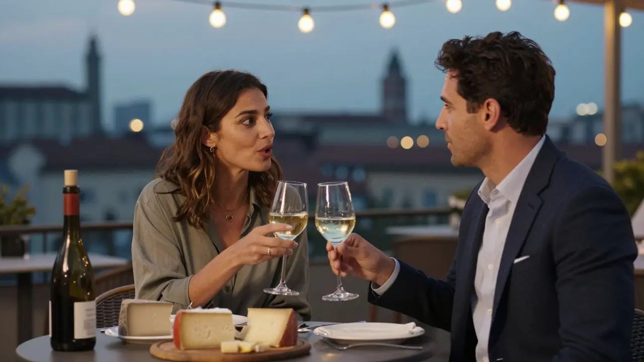 Two people toast with prosecco during an aperitivo at a stylish Milan rooftop bar at dusk.