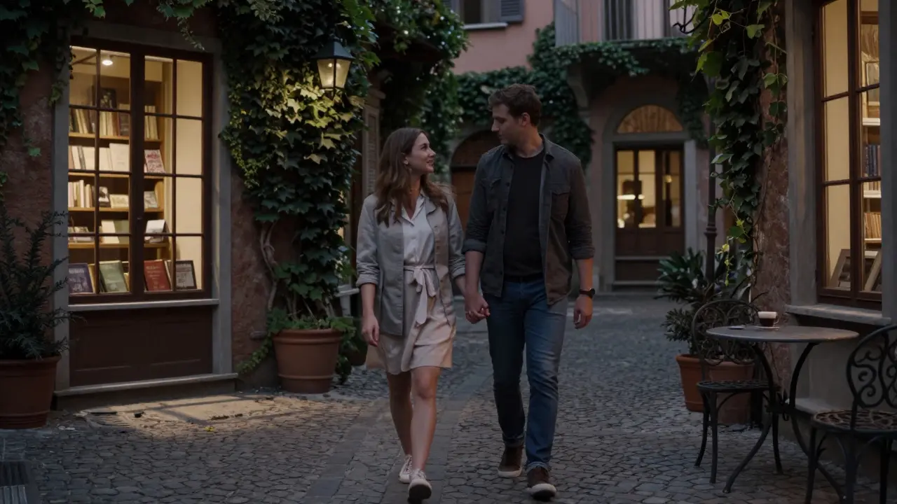 Two people walking hand-in-hand through a quiet Brera courtyard, lantern light and ivy creating a intimate, twilight atmosphere.