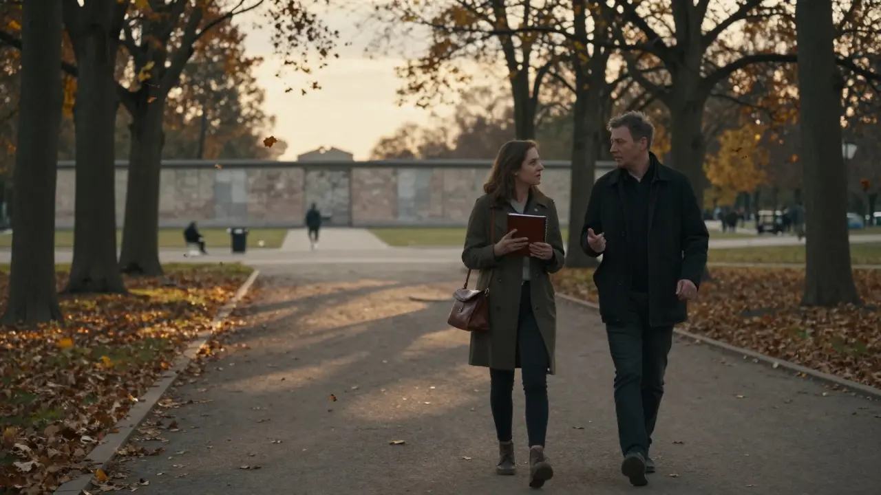 Two people walking peacefully through Tiergarten at sunset, surrounded by autumn leaves.