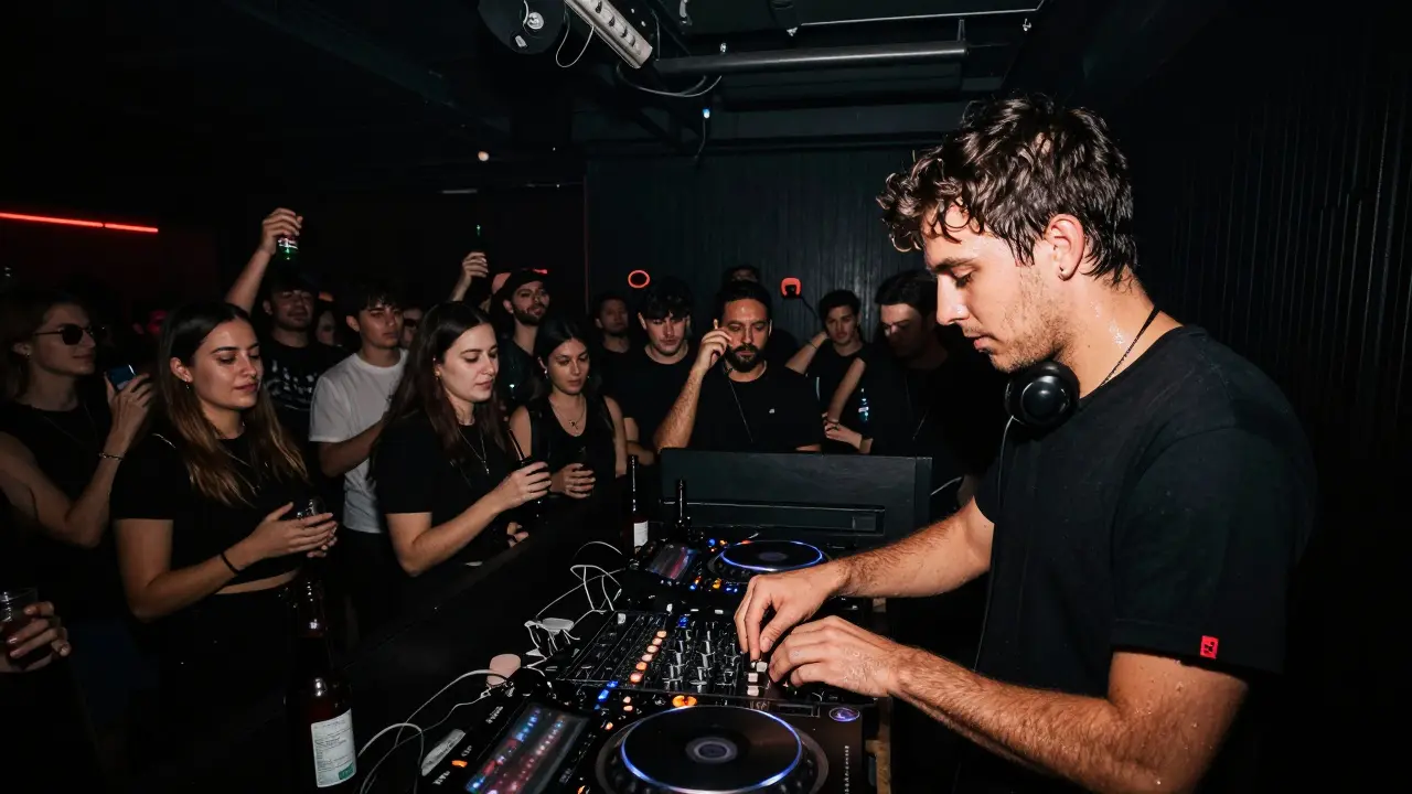 Underground club with dark walls and crowd dancing to electronic music under dim lights.
