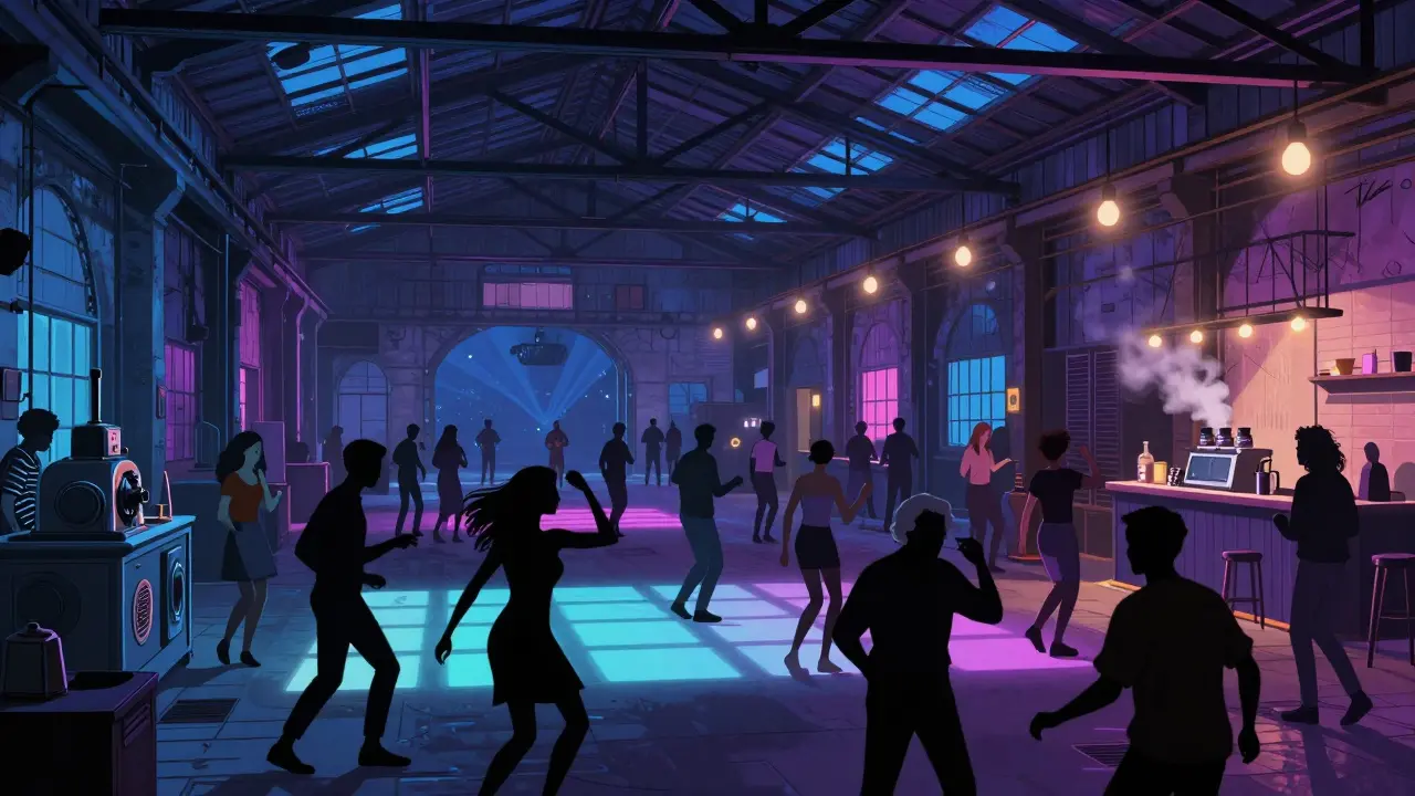Underground electronic music party in a converted warehouse with dancers and industrial architecture.