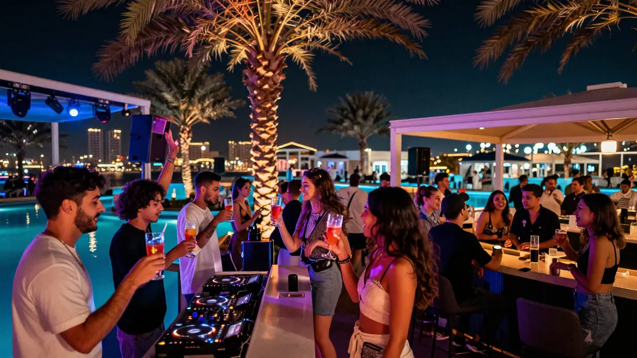 Vibrant Yas Island nightlife scene with poolside bar, dancing crowd, and neon palm trees.