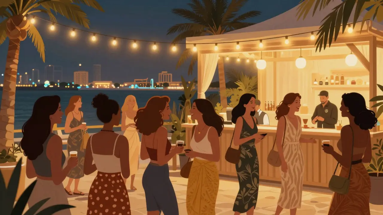 Women-only night at a beachside lounge in Dubai Marina, women socializing under string lights.