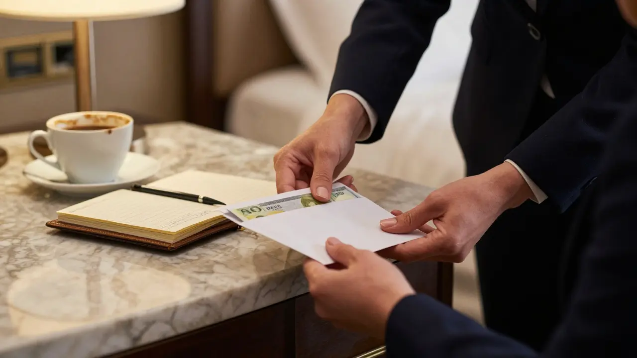 A cash envelope and coffee cup on a marble countertop in a high-end hotel suite.