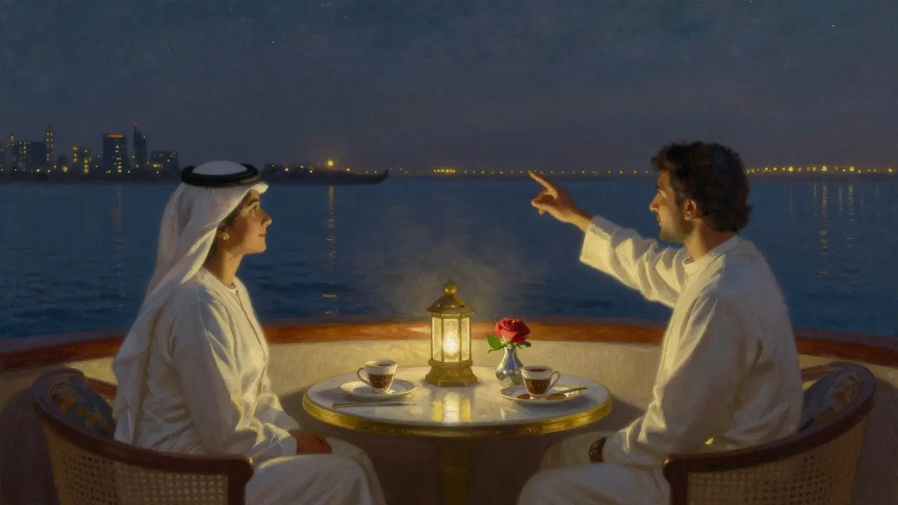 A couple enjoys a private dhow cruise at night, lantern light reflecting on calm waters.