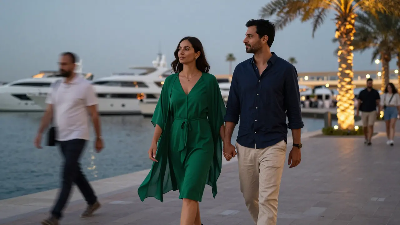 A couple walking along Dubai Marina at dusk, dressed elegantly in knee-length dress and linen attire, with yachts and city lights in the background.