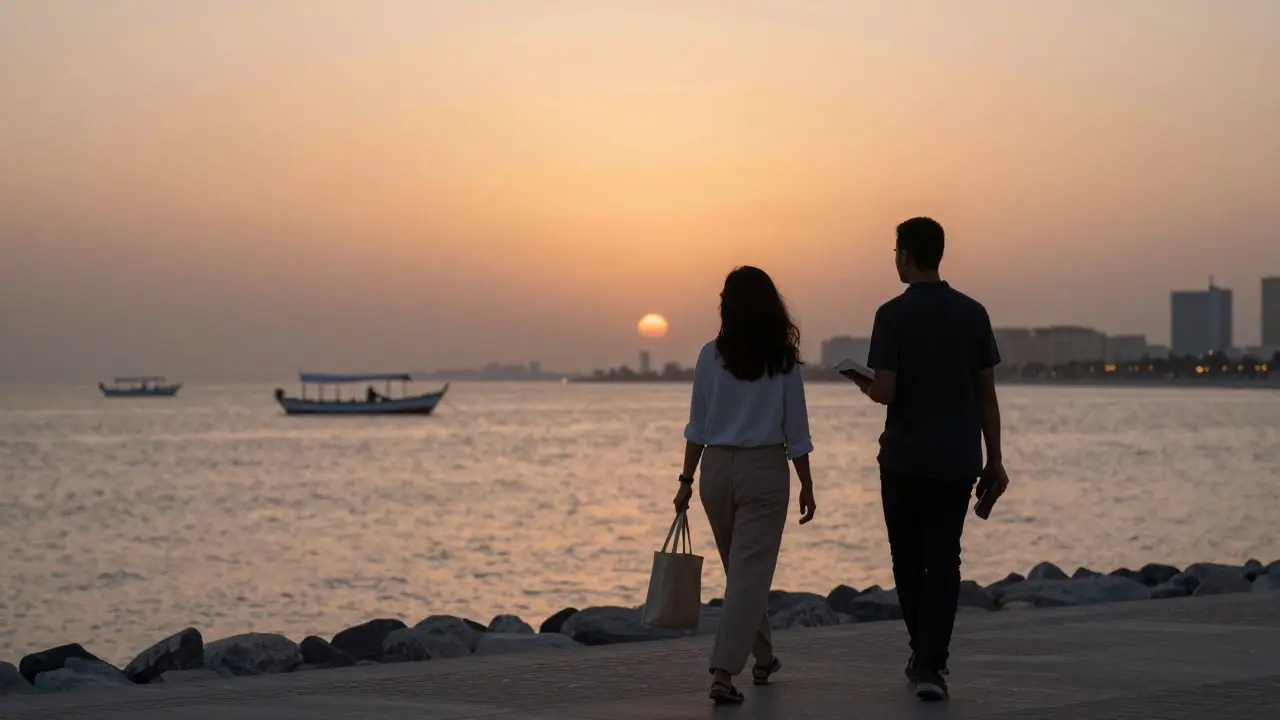 A couple walking peacefully along the Abu Dhabi waterfront at sunset, silhouetted against the horizon.