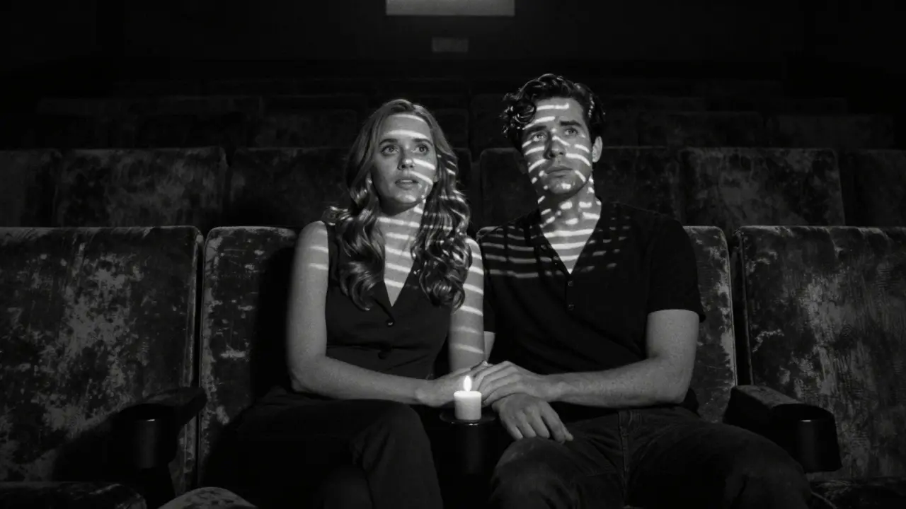 A couple watching Metropolis in a private theater booth, film light glowing on their faces.