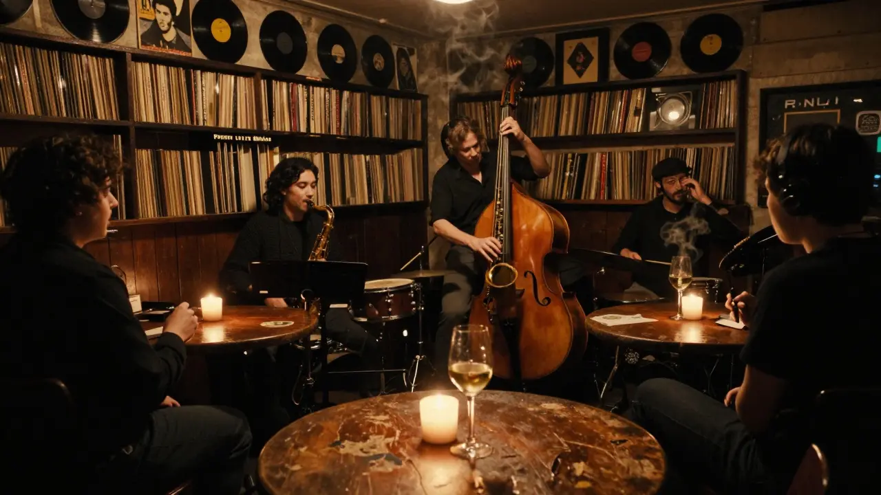 A cozy underground jazz club with vinyl-covered walls and a live trio playing in dim candlelight.