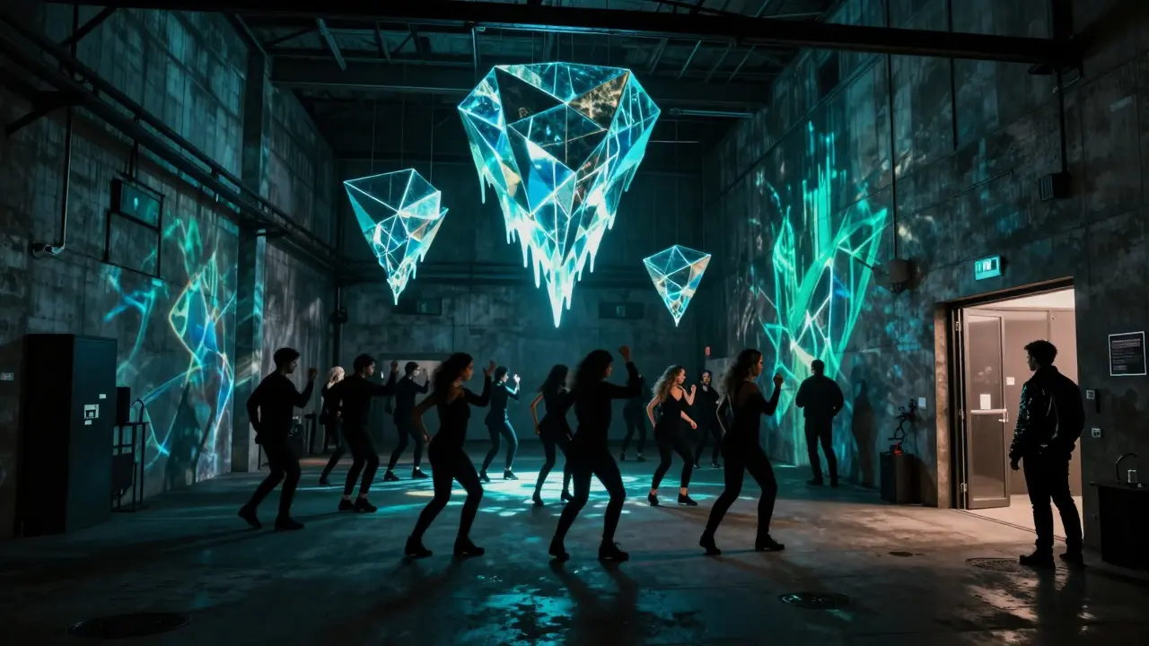 A crowded underground club with pulsing neon lights and dancers moving to electronic beats.