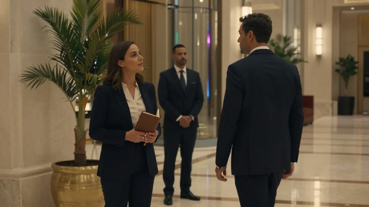 A discreet meeting in a luxury hotel lobby in Abu Dhabi, two people exchanging a quiet greeting.