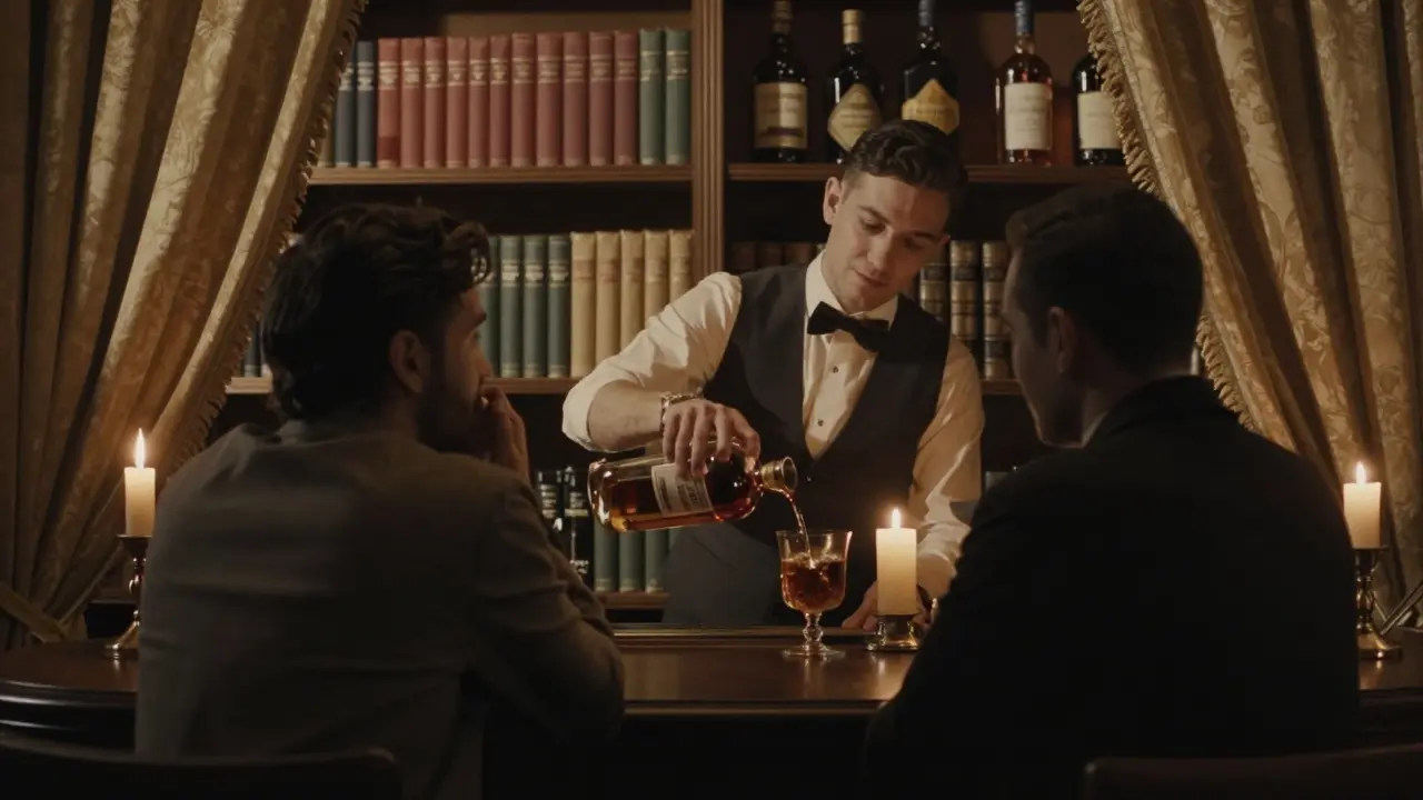 A hidden speakeasy behind a bookshelf, lit by candles, with vintage whiskey bottles and a bartender pouring a drink.