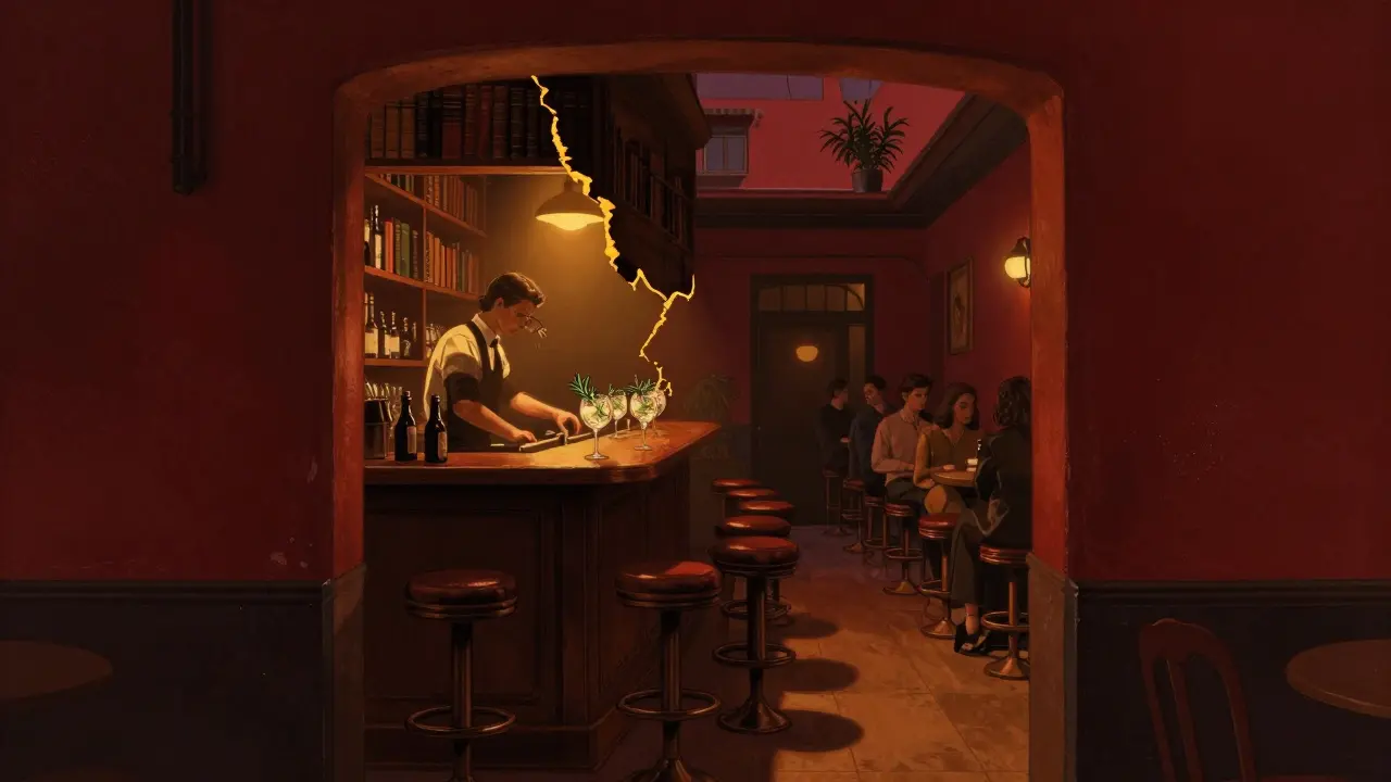 A hidden speakeasy behind a bookshelf, lit by warm amber glow, with a bartender crafting a herbal cocktail.