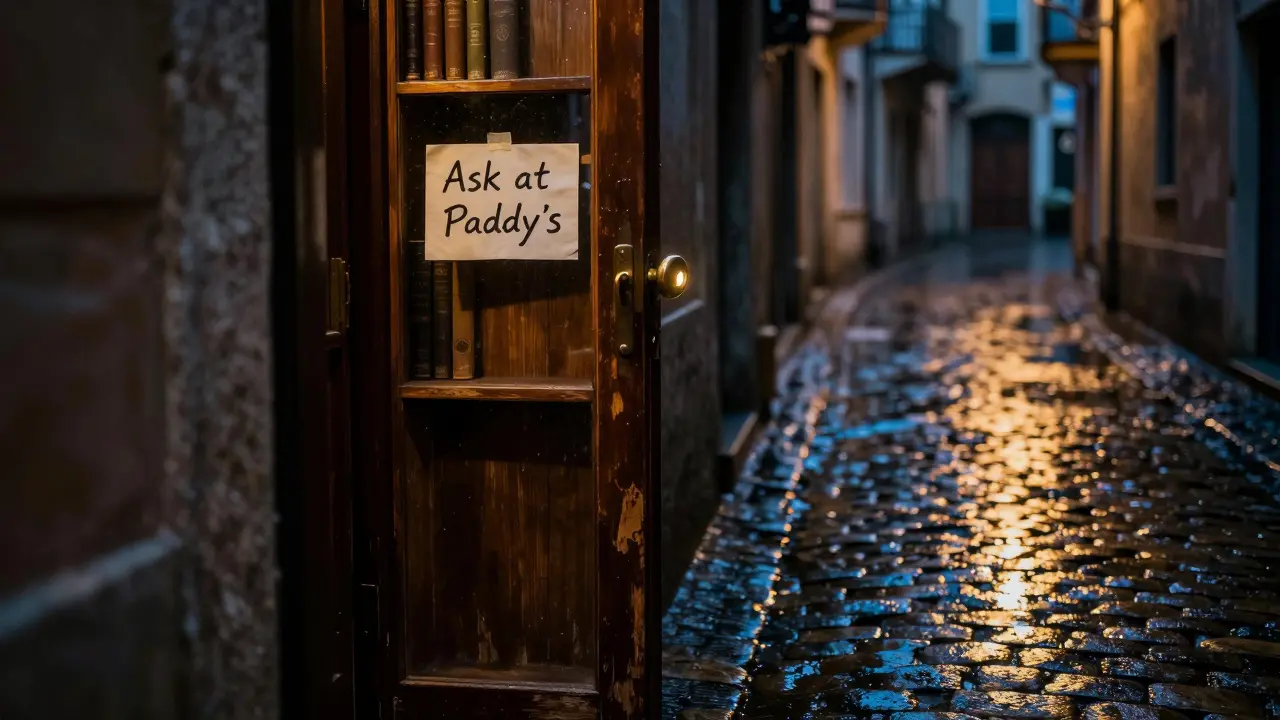 A hidden speakeasy entrance behind a bookshelf in a quiet Milan alley at night.
