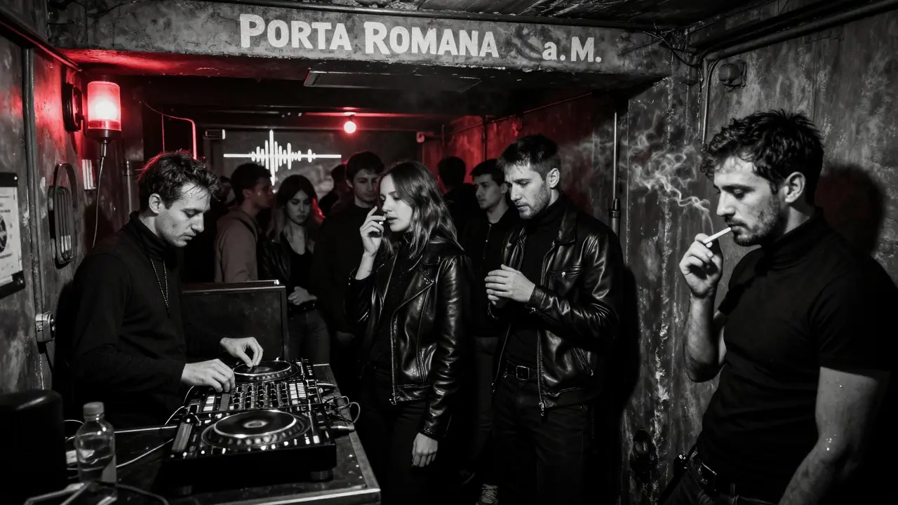 A hidden underground club in Porta Romana with a crowd of locals entering, bathed in red emergency light.