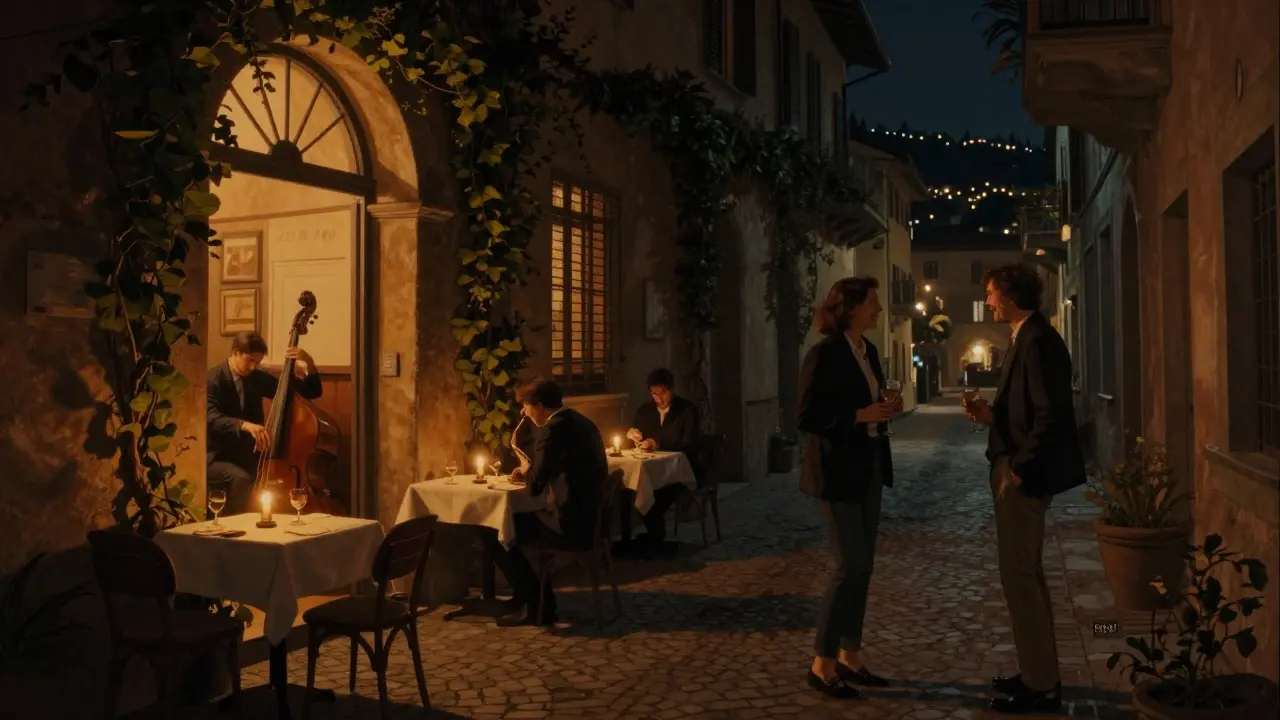 A jazz trio plays in a dim basement in Brera while couples sip wine under candlelight.
