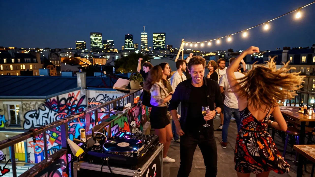 A lively rooftop bar in Oberkampf at night, with people dancing under string lights and Paris skyline in the background.