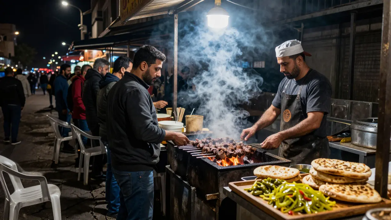 A long line waits at a 3 a.m. kebab joint in Abu Dhabi, grill smoke rising under a flickering streetlamp.