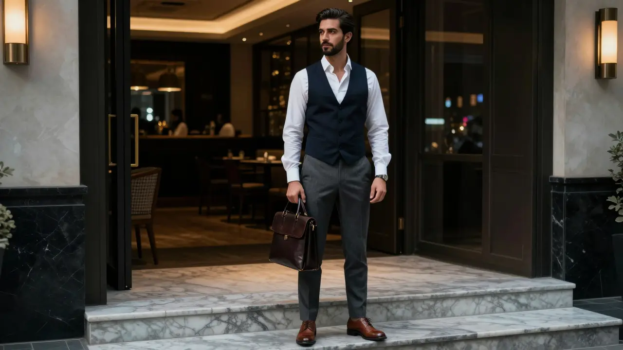 A man in a charcoal suit, white shirt, and navy vest standing outside an upscale Dubai restaurant, looking refined and composed.