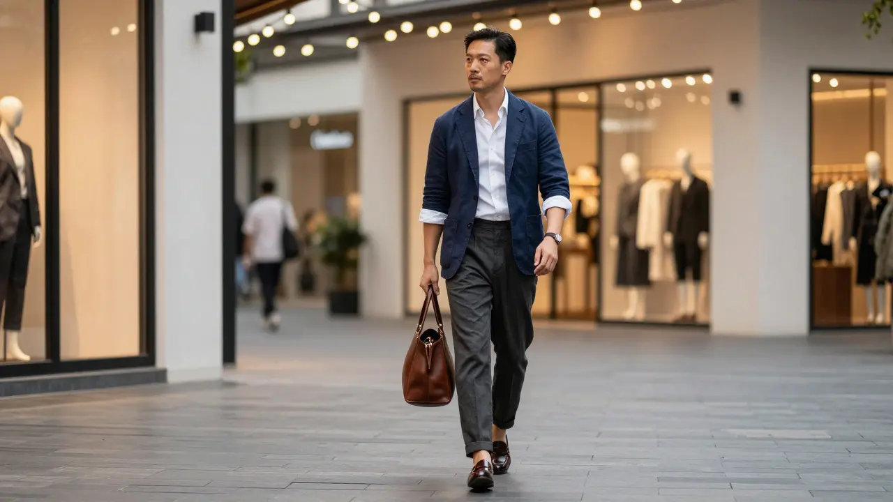 A man in navy blazer and chinos walks through Dubai’s City Walk, polished shoes reflecting warm ambient lights.