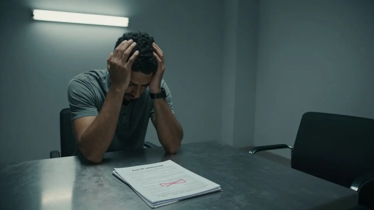 A man sitting alone in a police interrogation room with a legal file marked 'Article 358' on the table.