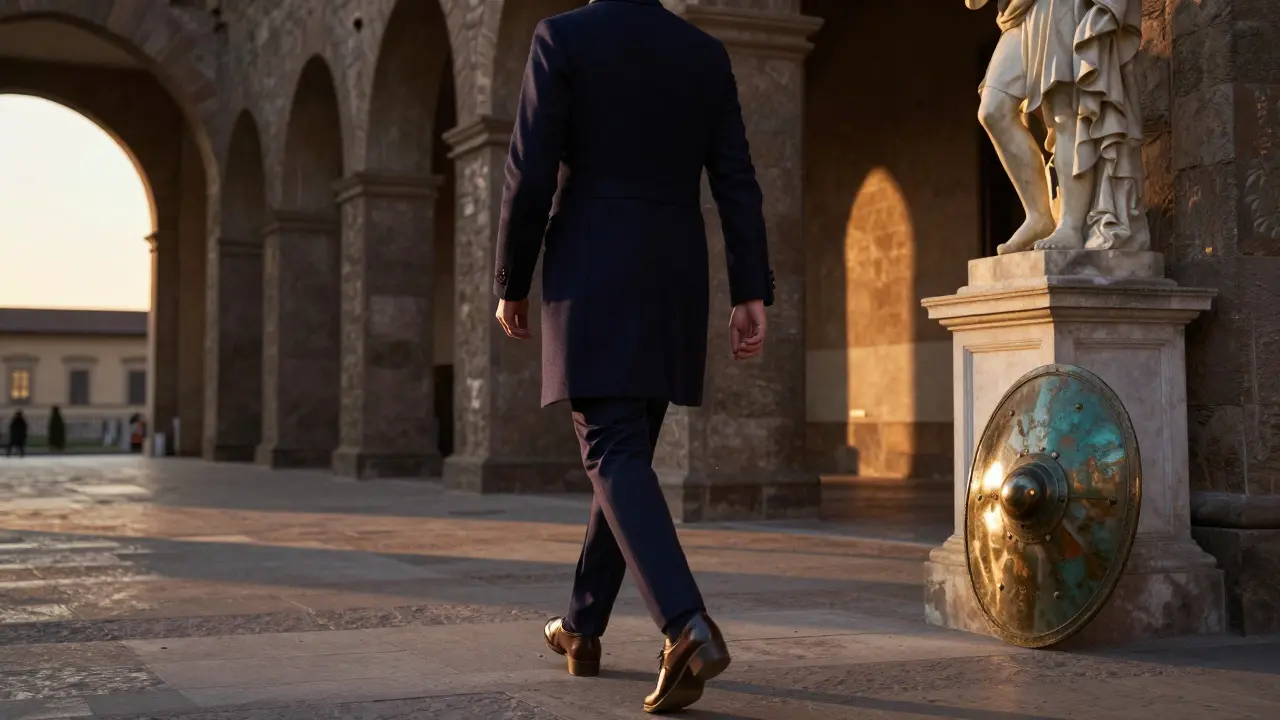 A person in a tailored coat pausing thoughtfully beneath ancient stone arches in Sforza Castle at sunset.