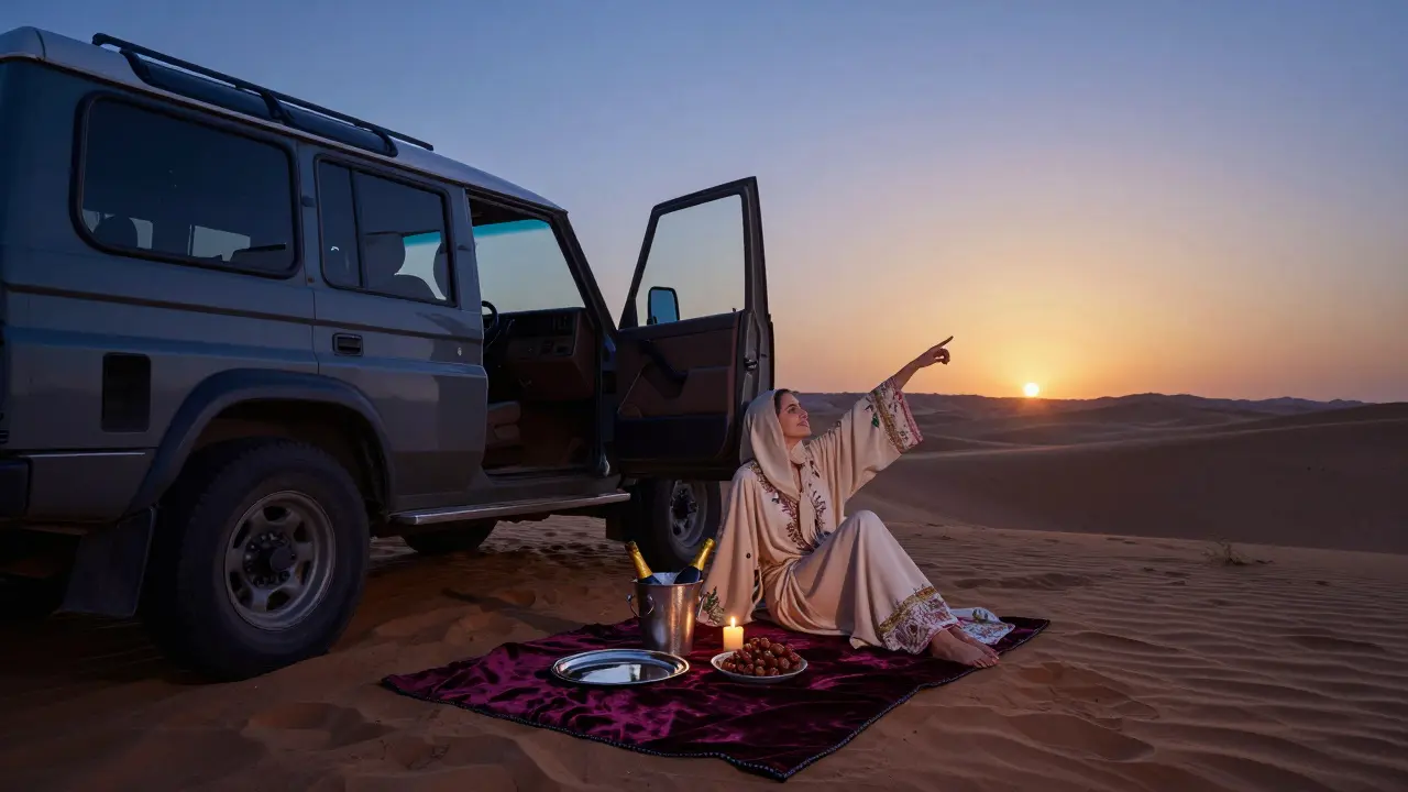 A private desert picnic at sunset, with a 4x4, chilled champagne, and traditional Emirati treats under a starry sky.