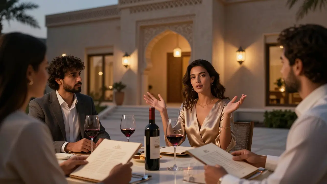A professional woman guides international guests at a private villa dinner in Abu Dhabi.
