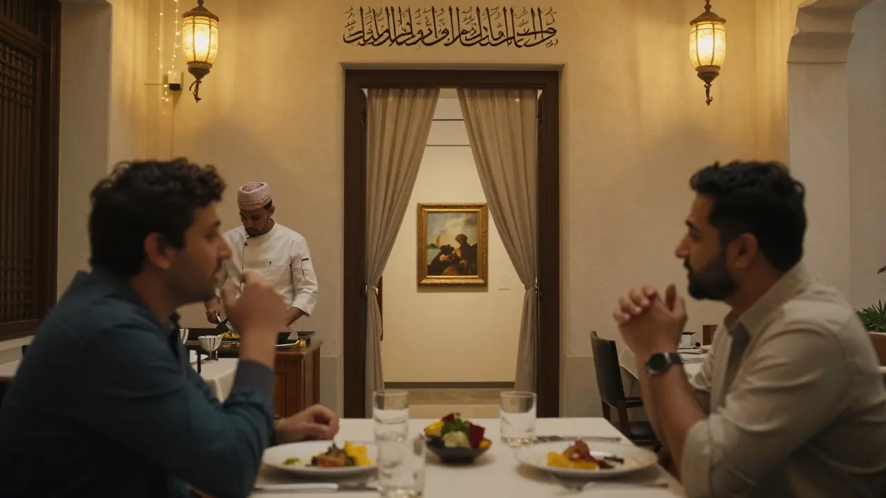 A quiet meal in a hidden Abu Dhabi courtyard, soft lights and art visible in the background.