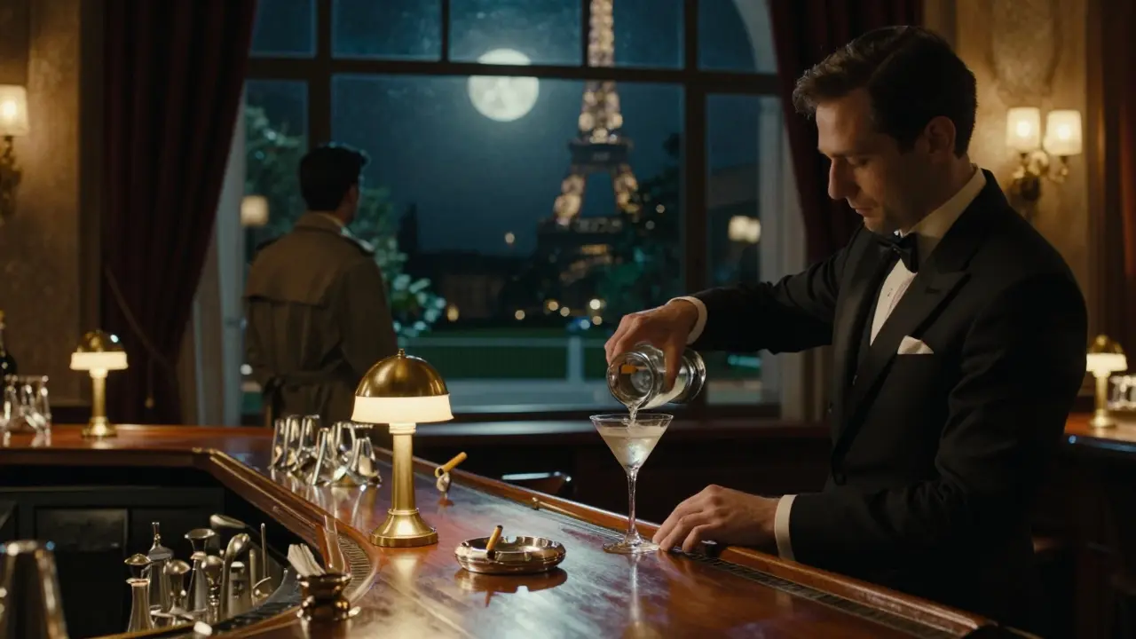 A quiet speakeasy bar inside the Ritz Hotel, with a bartender pouring a martini under soft lamplight.