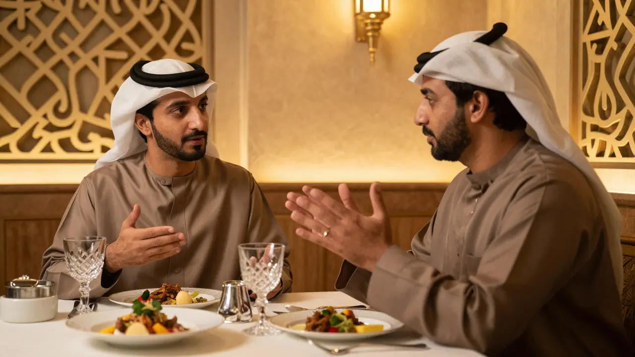 A refined dinner at Manzil restaurant in Emirates Palace, with thoughtful interaction between client and companion.