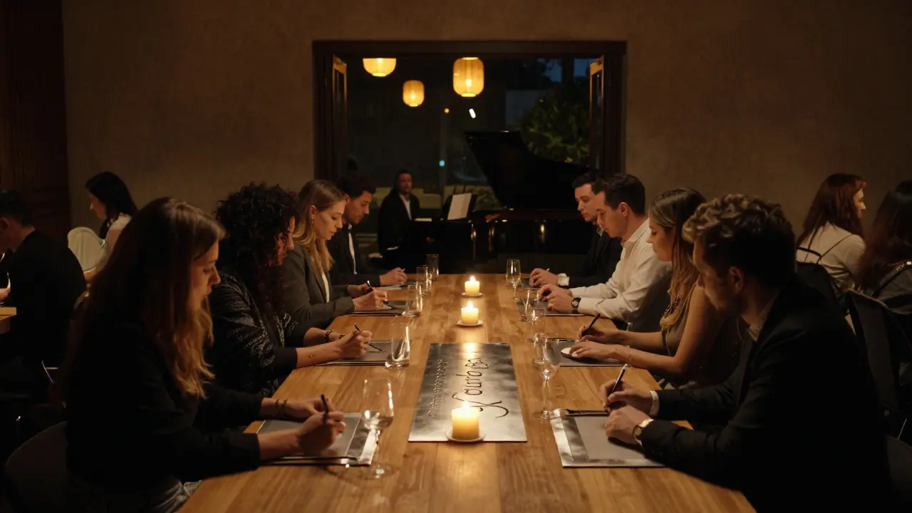 A secret dinner party at midnight where guests solve a riddle under candlelight, transitioning into an intimate jazz night.