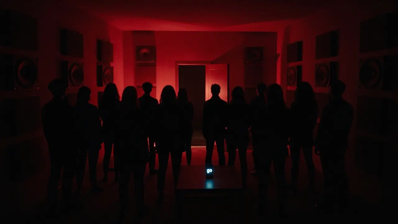 A secret underground room with a silent crowd in black, vibrating to deep bass in near darkness.