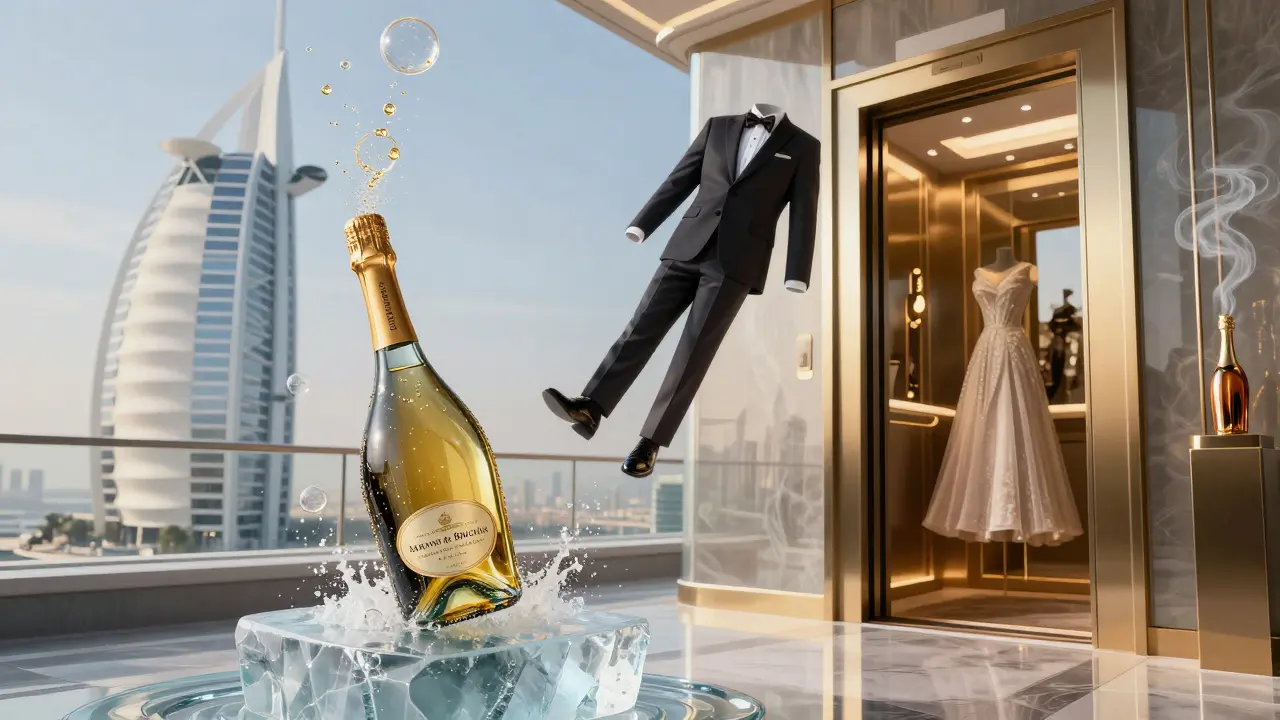 A single luxury champagne bottle resting on glacier ice, surrounded by floating bubbles and golden smoke, symbolizing exclusivity and refinement.