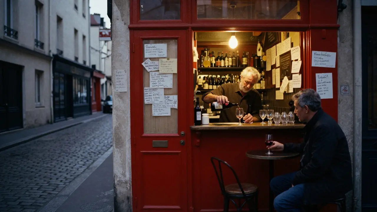 A small Montmartre bar with a red door and handwritten notes on the walls, lit by a single bulb at 3 AM.