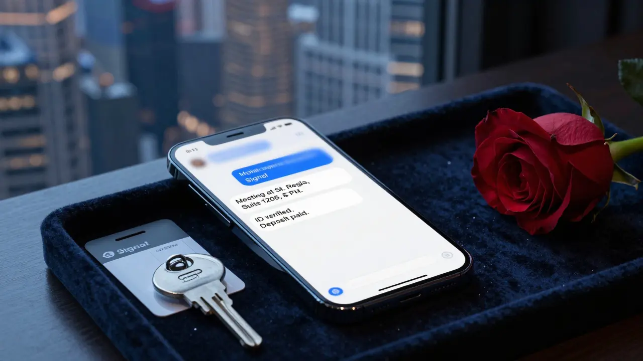 A smartphone displays an encrypted message on a hotel tray beside a keycard and rose.