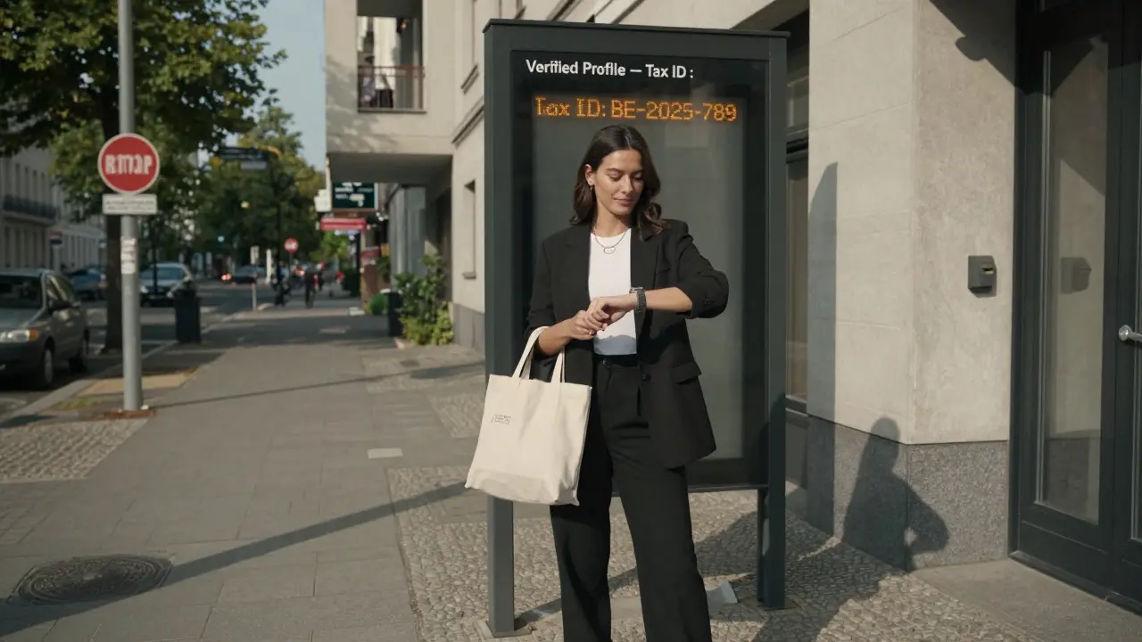 A verified escort standing confidently outside a Berlin apartment, displaying her tax ID on a digital sign.