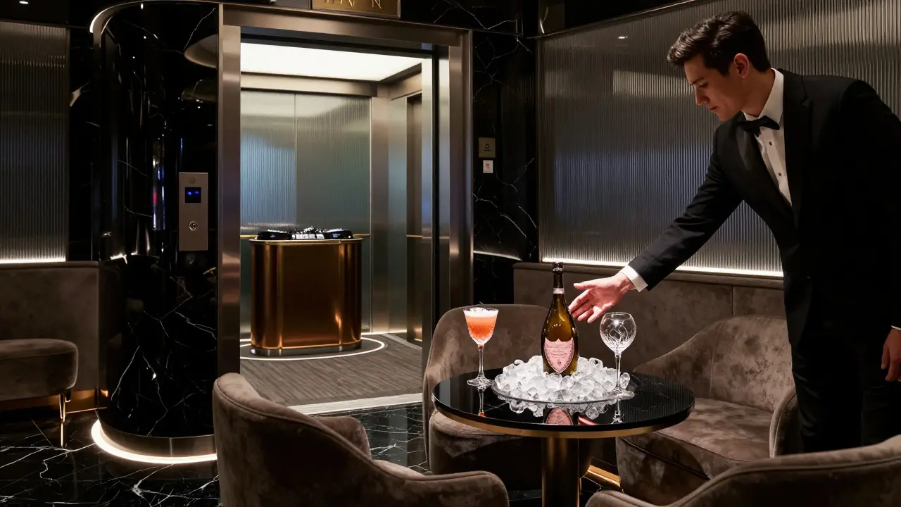 A VIP lounge with a private elevator, crystal cocktails, and a hidden DJ booth in a luxurious underground setting.