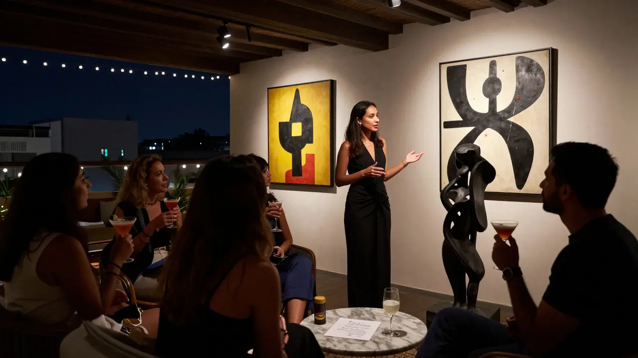 A woman discussing art with a client at a hidden rooftop lounge in Dubai, surrounded by contemporary Emirati sculptures.