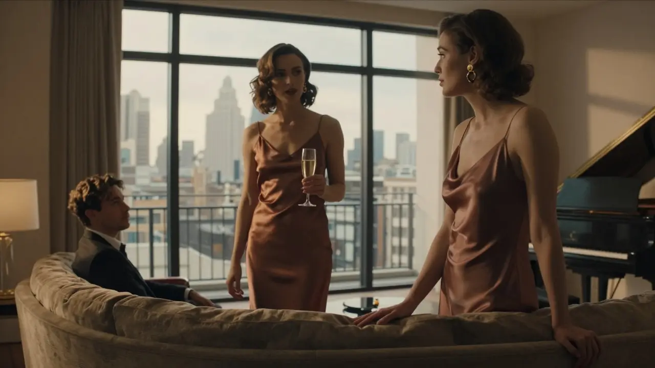 A woman glides into a luxurious apartment, holding champagne, as a man watches silently—elegance, silence, and unspoken understanding.