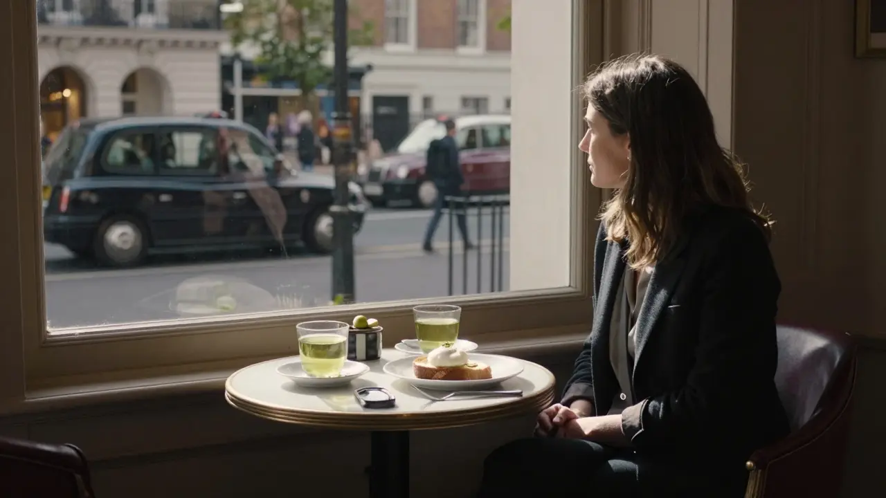 A woman sits alone at a quiet club table, sipping green tea, sunlight streaming through the window as London wakes outside.